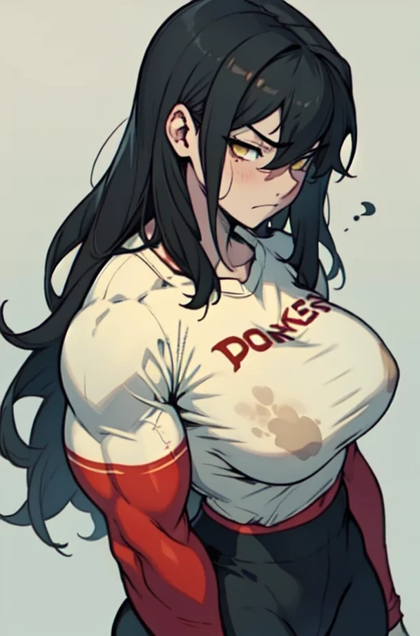 sad girl muscular muscular muscular breasts breasts breasts thick thick thick thick black hair yellow eyes pale skin pale skin thick thick thick long sleeve dark atmosphere thick thick thick thick thick thick muscular simple background sad sad sad sad tigth shirt