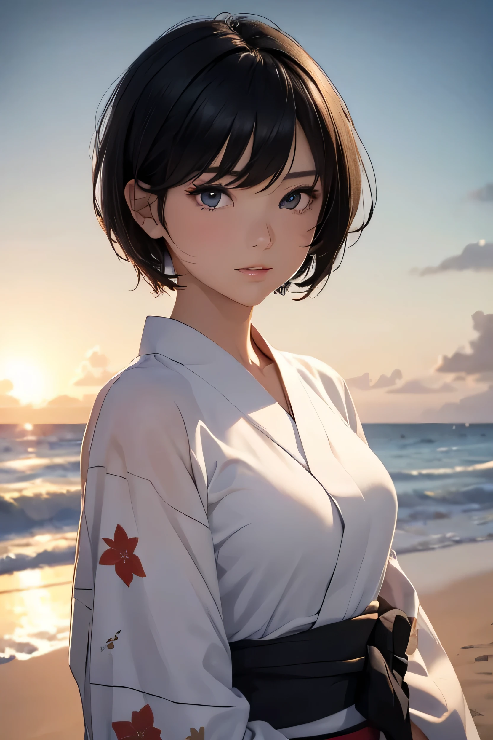 UHD, masterpiece, textured skin, super detail, high details, high quality, award winning, (perfect eyes), best quality, HD, upper body shot, (1Girl,, Beautiful, short black hair, athletic, wearing one yukata, (looking at POV)), (In a beach at sunset)