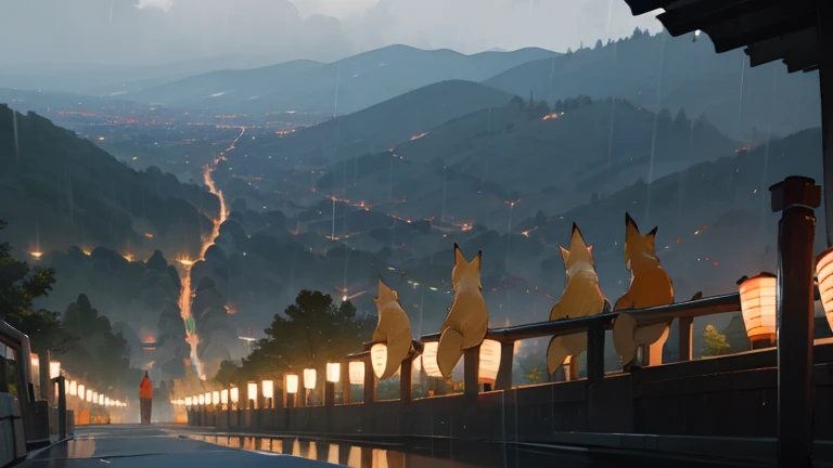 (masterpiece, best quality) detailed,Five foxes standing on their feet holding lanterns parade up the mountain,View from the side,Rainy Day,Fushimi Inari Taisha Shrine Fantastic mystery wonderland