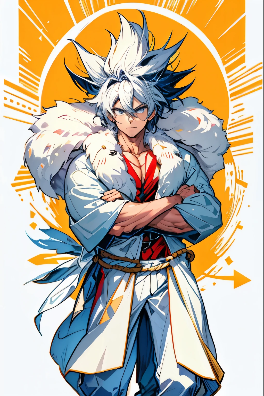 (best quality, higher)A macho man with a rope around his waist and white fur wrapped around his shoulders, exposing his pectoral muscles.