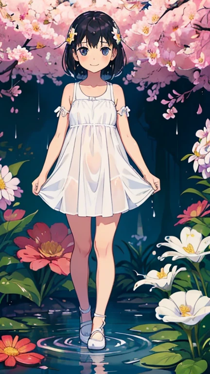 best quality,masterpiece,1girl,solo,(((9years old))),japanese girl,an extremely cute and beautiful girl,highly detailed beautiful face and eyes,petit,cute face,lovely face,baby face,shy smile,show teeth,black hair,medium short hair,Hairless pussy,flat chest,nipples are sticking out in the shirt,skinny,slender,(((wearing a wet white thin mini summer dress))),(((clothing lift))),(((standing in a flower garden))),she is looking at the viewer,(((full body))),((legs spreading wide open))