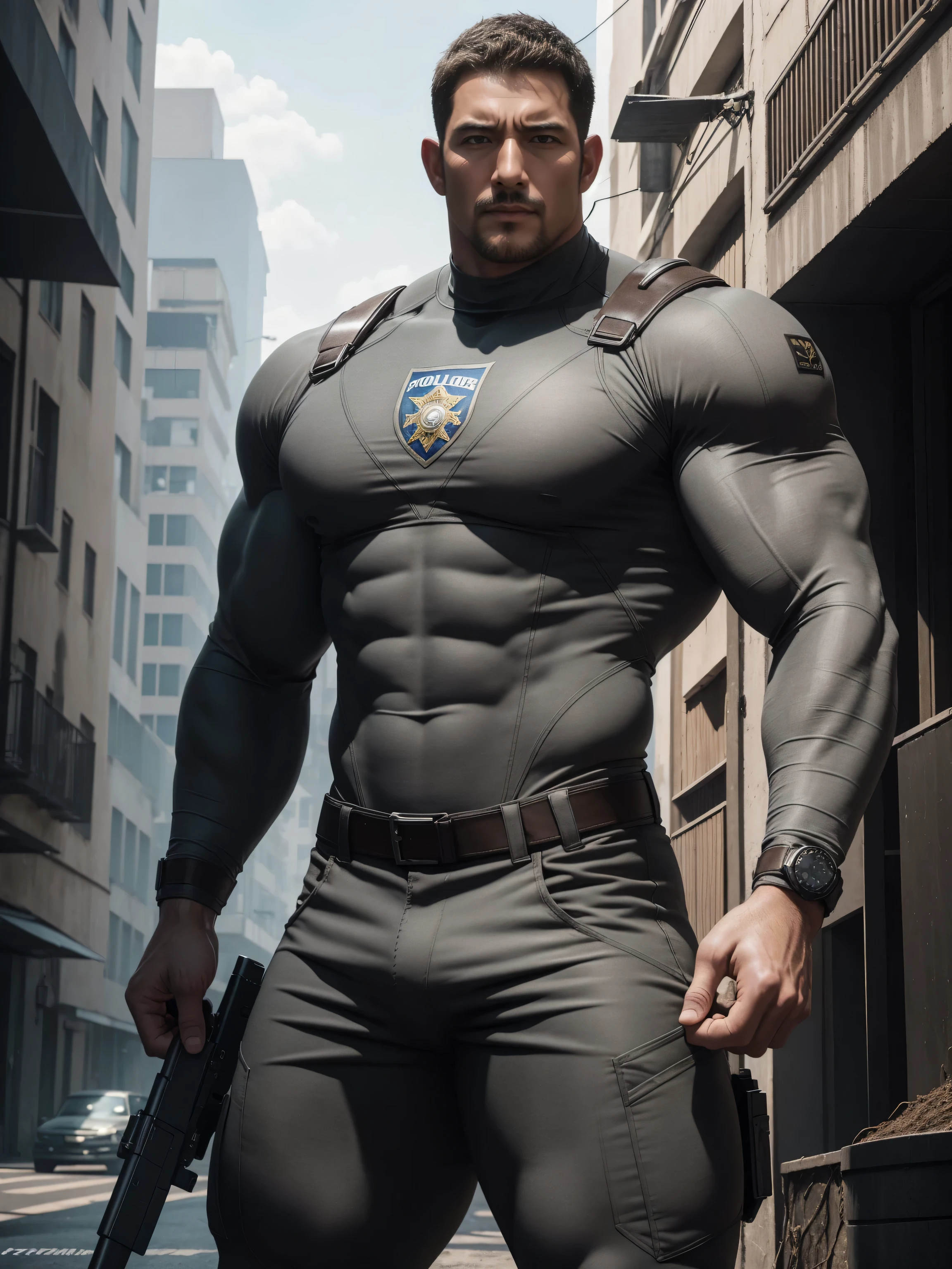Angry super muscular man, Buzz Cut,On the old-style outdoor street under the hot sun, Wear a long-sleeved earthy grey superhero bodysuit, Mud wrapped body,Clothes are very dirty with mud stains,The expression is arrogant, Thick thighs, Messy hair, Thick thighs, Turtleneck Long Sleeve Dust Grey Superhero Bodysuit, very tight, Regular symmetrical pattern, Highlight muscles, Police uniform pants, character concept(Resident Evil - Chris Redfield, Chris Redfield)A proud expression, Deep and charming eyes, Heroic male pose, tall Burly, muscular!muscular thighs, tough guy, perfect facial features, High, Burly, Heqiang, Super polished and cool, High Resolution Committee, Charismatic, The sun is blazing, dazzling
