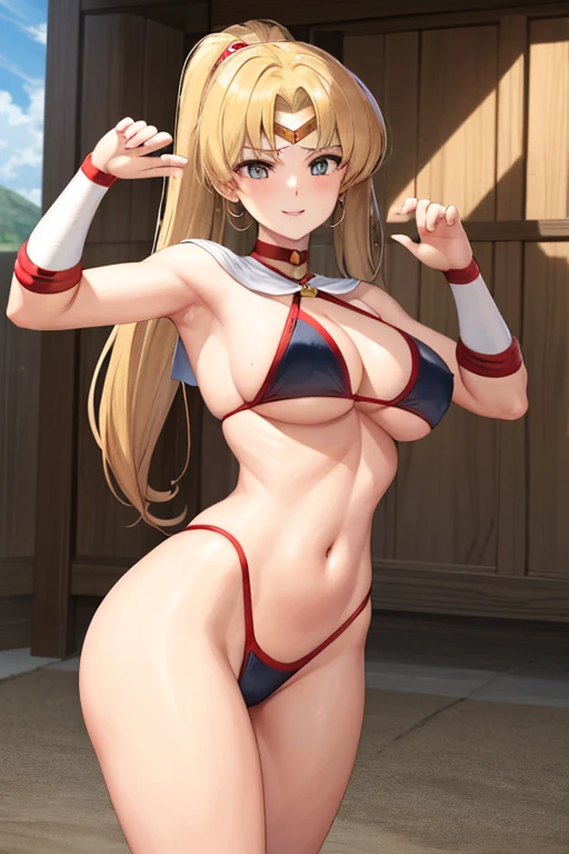 masterpiece, best quality, beautiful art, high resolution, well formed hands, body and fingers, 1 woman, solo, Sailor Moon, blonde, adult, grown up, big breasted, cleavage, full body, long  hair, gorgeous legs and thighs, smile, wearing a Tyris Flare outfit, sexy and skimpy bikini, she is fighting in a combat match at a martial arts tournament, she is getting ready to fight, making her guard pose, action and fighting scene, about to hit the viewer, looking at the viewer, sweating , feeling confident and proud, smiling joyfully and happily, charming her opponent with her beauty, fighting scene, martial arts tournament on the beach 