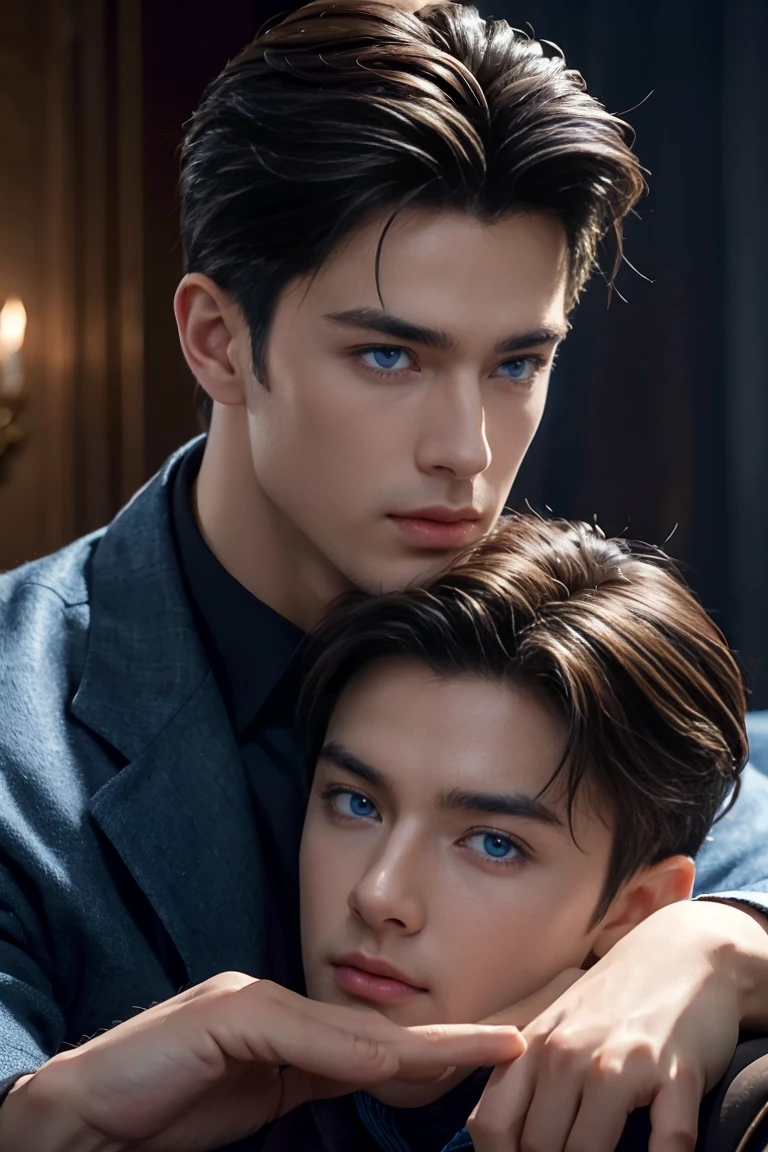 ((masterpiece)),((best quality)),8K,high detail,Extremely detailed, 2 handsome muscular boys，blue eyes，Immortal appearance，neutral expression, fashionable pose, Real skin texture, Perfect hand details，movie lighting,
Royal blue style couple