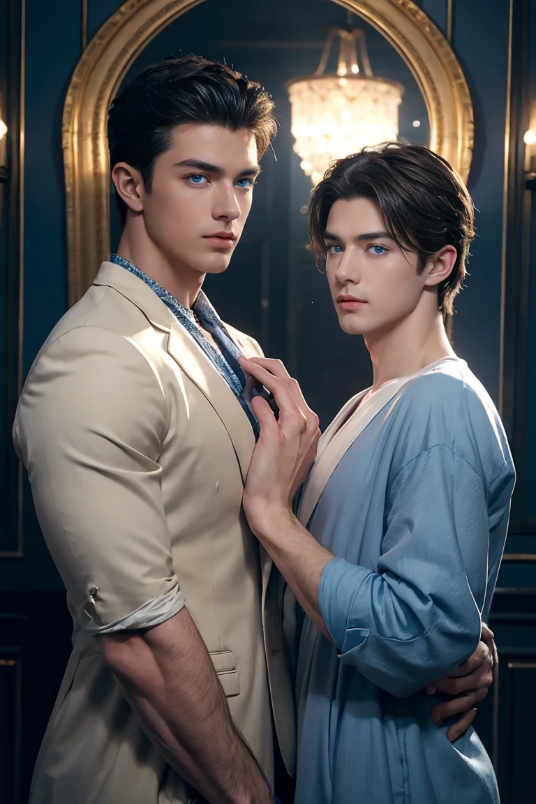 ((masterpiece)),((best quality)),8K,high detail,Extremely detailed, 2 handsome muscular boys,blue eyes,Immortal appearance,neutral expression, fashionable pose, Real skin texture, Perfect hand details,movie lighting,
Royal blue style couple