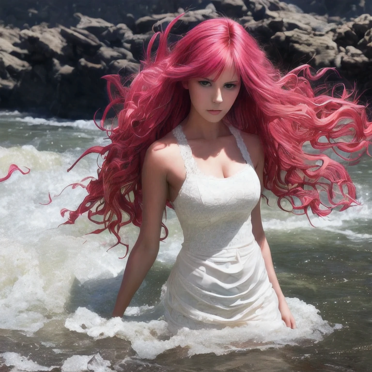 (White Lace abyss) 1girl bangs White Lace shoulders breasts cleavage cleavage cutout closed eyes crescent crescent facial mark double bun ﻿ White Lace dress facial mark facing viewer forehead mark White Lace ﻿ long hair medium breasts parted bangs partially submerged pink hair red hair solo very long hair wading water