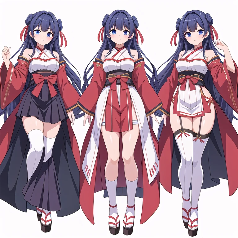 masterpiece, best quality, solo, high fantasy costume, ((white background)), full body, multiple views, bare shoulders, sleeve, thigh high, hakama,