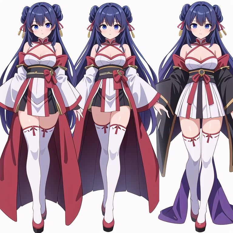 masterpiece, best quality, solo, high fantasy costume, ((white background)), full body, multiple views,  bare shoulders, sleeve, thigh high, hakama,
