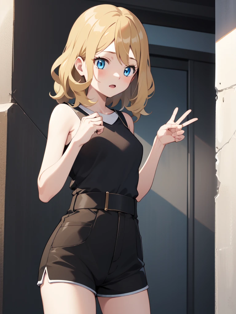 gonzarez, masterpiece, Serenaj, 1girl,l solo,
blue eyes, blonde hair, medium hair, open eyes , white camisol, mid riff , shorts shorts,
