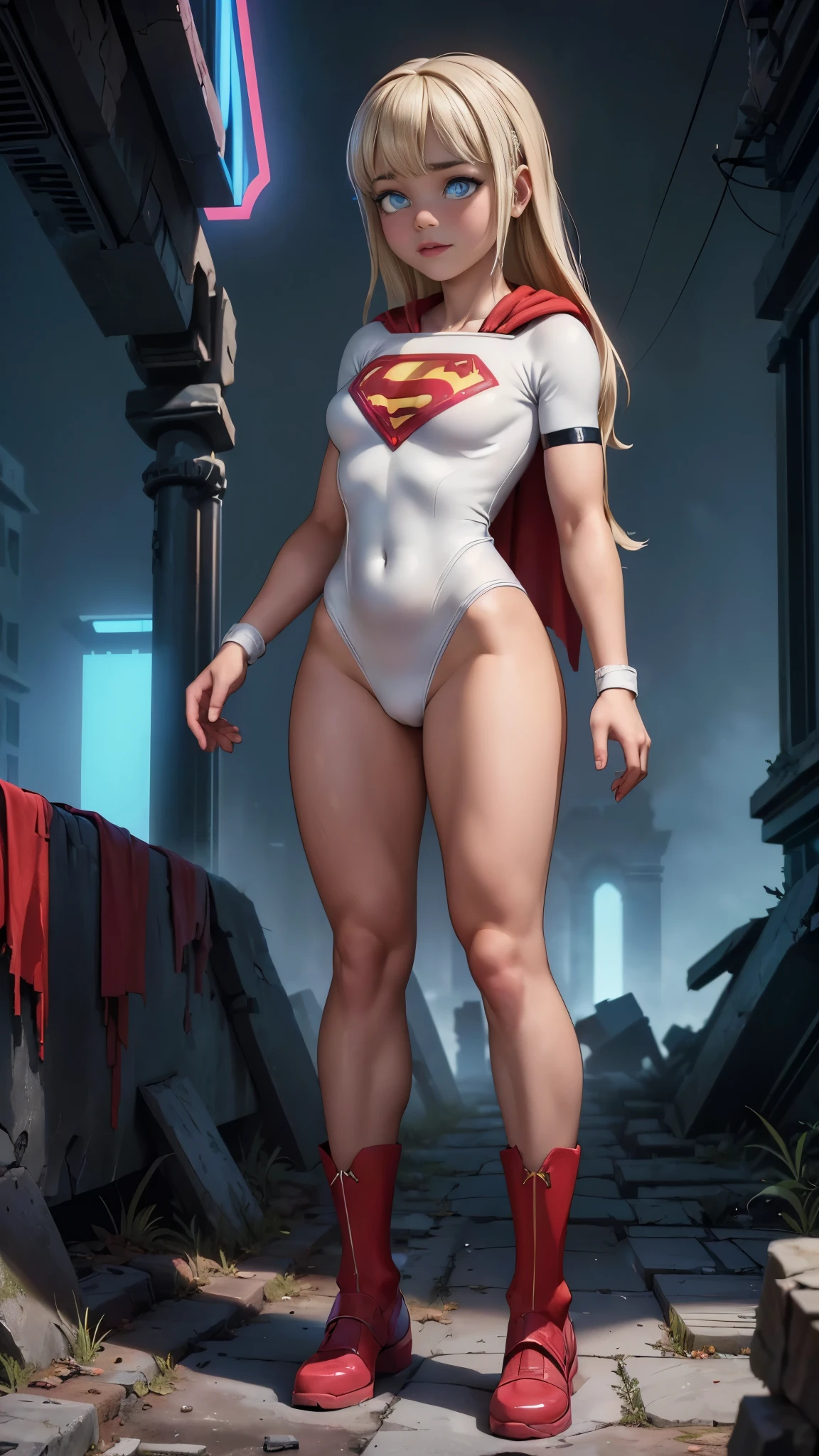 8K, Ultra HD, super details, high quality, high resolution. The heroine Supergirl looks beautiful in a full-length photo,(mini skirt white :1.4, her body is sculptural, her long wavy blonde hair is radiant in a perfect combination with her white skin, her bright blonde eyes mesmerize everyone. She is wearing her heroine outfit, a red skirt with a yellow belt, a very tight blue t-shirt with a big red S on the chest, Elta also wears a red cape and red boots. she looks very sexy drawing attention to her big breasts and thick legs as she flies through the sky.,(Fondo de ruinas de mazmorra en ruinas cyberpunk :1.4 ), (supergils superman :1.4), (vestuario white traje :1.4), (Detalles de la cara: 1.5, ojos azules brillantes, hermoso rostro, ojos bonitos, Contorno del iris, labios delgados: 1.5, Thin, sharp pale eyebrows, Long, dark eyelashes, double tabs),(mostrando panties white:1.4), (BodySuit white plastic :1.4), ,(Fondo de ruinas de mazmorra en ruinas cyberpunk :1.4 )