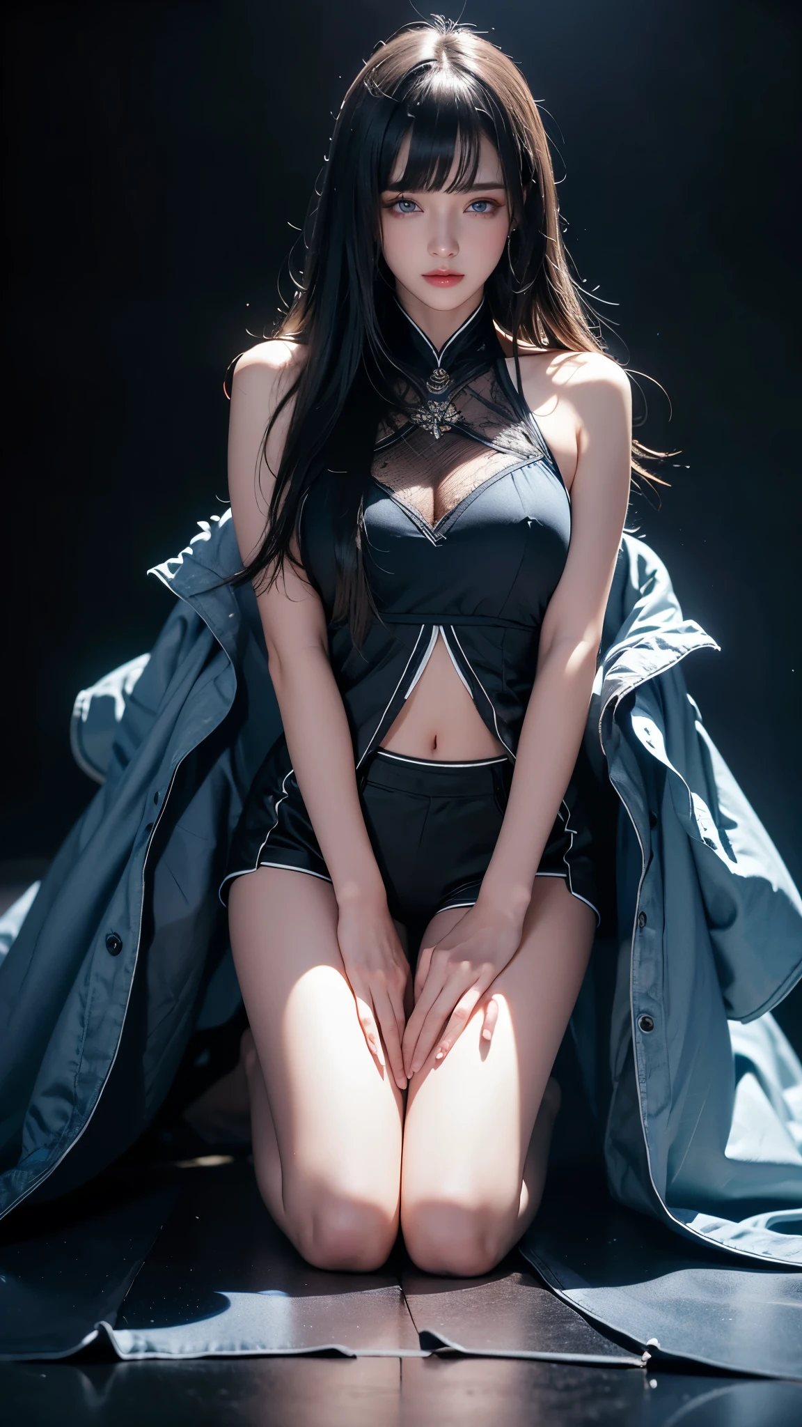 masterpiece, highest quality, Super detailed, Facing the camera, 複雑に詳細なSuper detailed, Realistic, Sharp features, Very detailed, Sharp focus, Perfect Face, Perfect symmetrical perfect eyes, Perfect Plump Lips, Flexible female form, Cinematic, Film Light, Super detailed, hyper Realistic, masterpiece, Atmospheric, High resolution, Vibrant, Dynamic Studio Lighting, ((Dark Background)), The expression when enduring pleasure, Straight bangs, blue eyes,Sexually aroused expression、Her black thong shorts are visible through the fabric、(((Kneeling)))