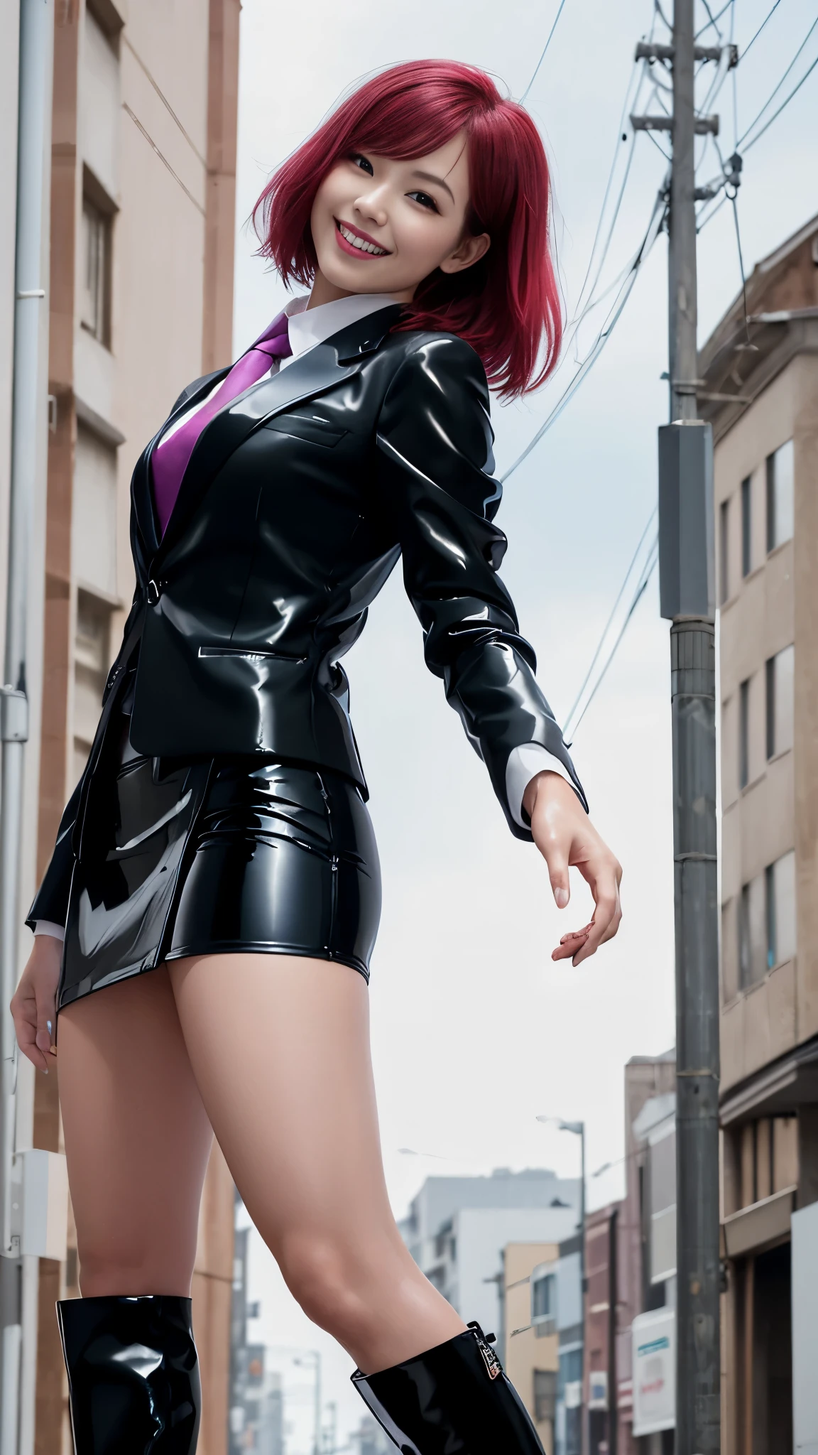 (Tabletop:1.0), (highest quality:1.4), (High resolution:1.2), (Realistic:1.4), (8k, RAW Photos:1.2), (Soft Focus:1.4),(from below:1.5),break,a girl Smiling while taking a photo,(a girl wearing translucent latex three-piece suit, necktie, blazer, (((suit jacket))),(((business skirt))),BREAK,Slime Skin,Smooth and tight boots, Clear skin,latex, Translucent body,latex Shiny, Boots that fit your skin,break,(posing:1.5),BREAK,bob hair,(vermilion hair:1.2),(smile:1.2),glossy Shiny reflective, Makeup,Japanese Goddess, Glowing Skin,Gorgeous Japanese Model,Shiny,Shiny,slimy,(shiny black boots:1.2),break,Detailed Background,(at a street:1.3)