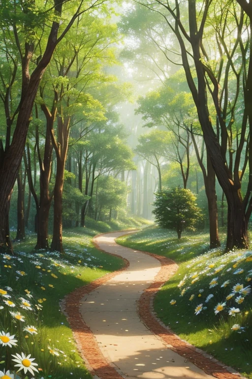 Forest soft path, daisies, (merry elves grouped together), shiny sunbeams
