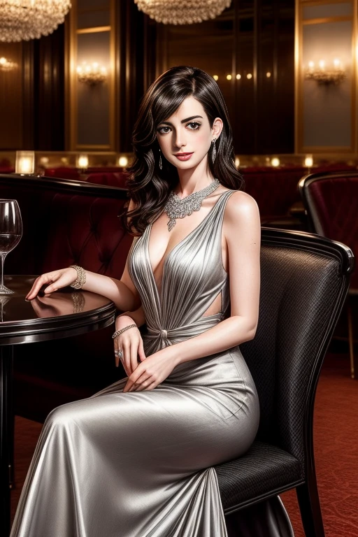Anne Hathaway, perfect symmetry detailed face, black hair, wearing a long silver evening dress in a high-class restaurant, sitting on a chair, earrings, necklace, ring, bracelet,