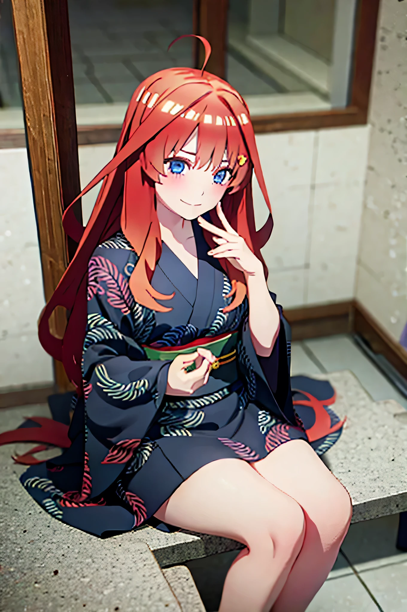 (Masterpiece, Best Quality:1.2), solo, 1girl, Itsuki ,unamused, closed mouth, looking a viewer, hand on our face, sitting, Short black kimono ,big thighs,crossing legs