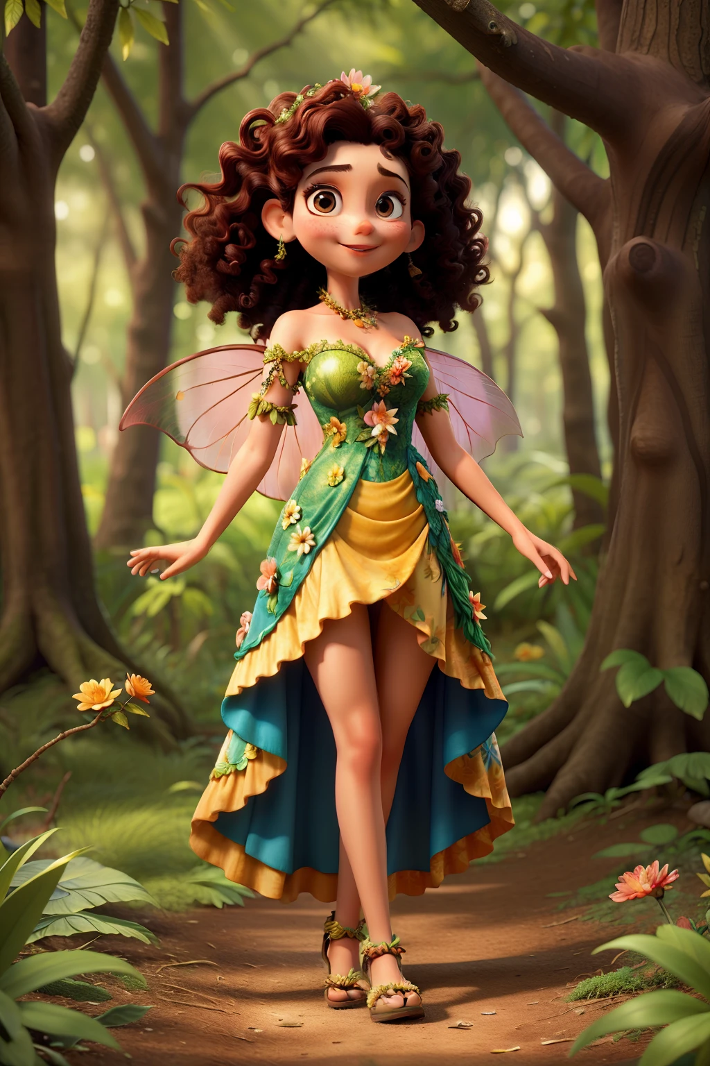 30-year-old fairy in the forest wears an exotic flower dress, tez morena medio, Brown eyes, hip-length curly hair,