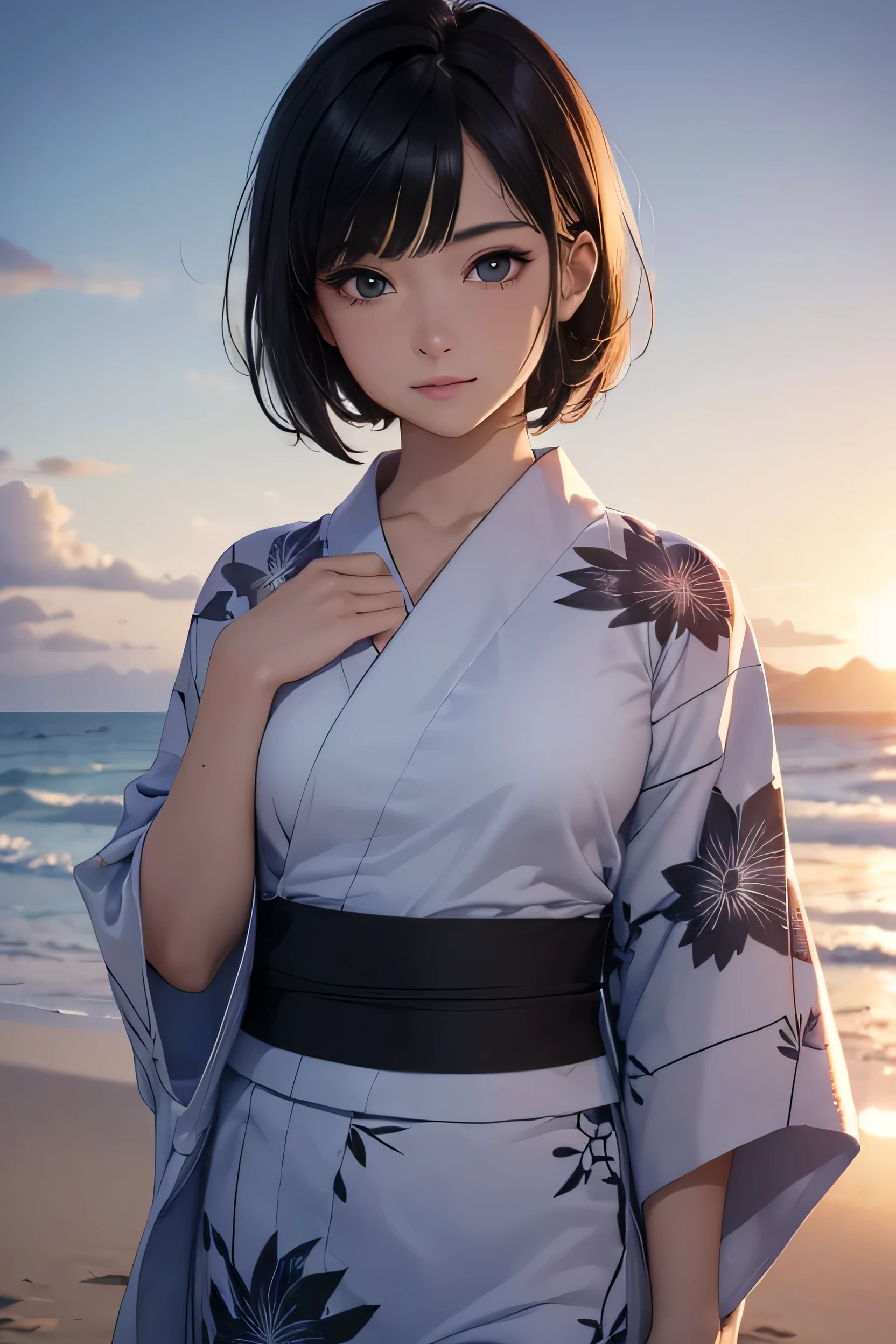 UHD, masterpiece, textured skin, super detail, high details, high quality, award winning, (perfect eyes), best quality, HD, upper body shot, perfect eyes, (1Gir, Beautiful, short black hair, athletic, wearing one yukata, (looking at POV)), (In a beach at sunset)