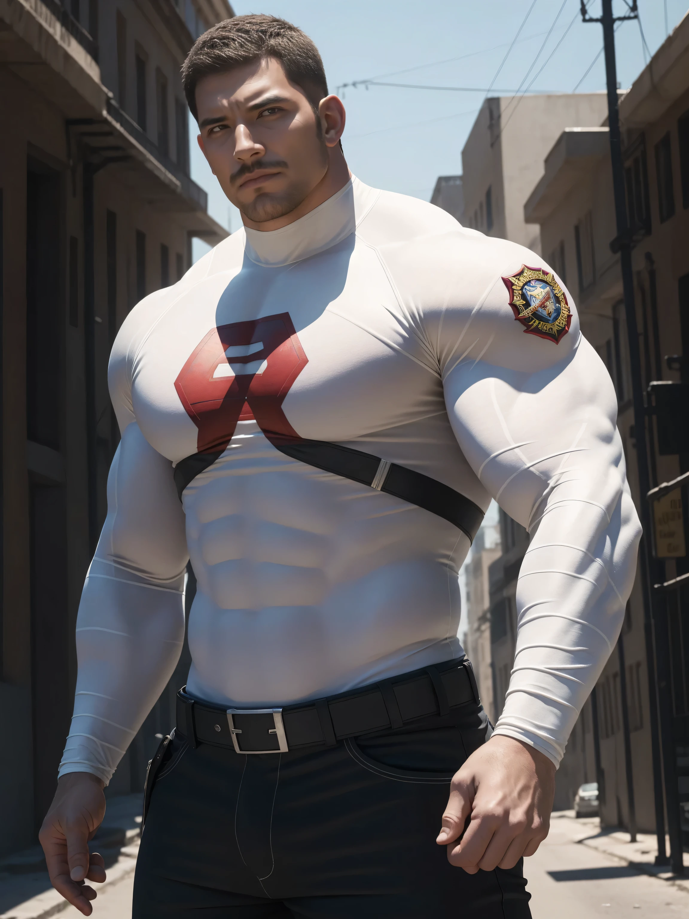 Angry super muscular man,  Buzz Cut，On the old-style outdoor street under the hot sun, Wear a long-sleeved cream superhero bodysuit, Mud wrapped body，Clothes are very dirty with mud stains，The expression is arrogant, Thick thighs, Messy hair, Thick thighs, High collar, long sleeve, cream white superhero bodysuit, very tight, Regular symmetrical pattern, Highlight muscles, Police uniform pants, character concept（Resident Evil - Chris Redfield, Chris Redfield）A proud expression, Deep and charming eyes, Heroic male pose, tall Burly, muscular！muscular thighs, tough guy, perfect facial features, High, Burly, Heqiang, Super polished and cool, High Resolution Committee, Charismatic, The sun is blazing, dazzling