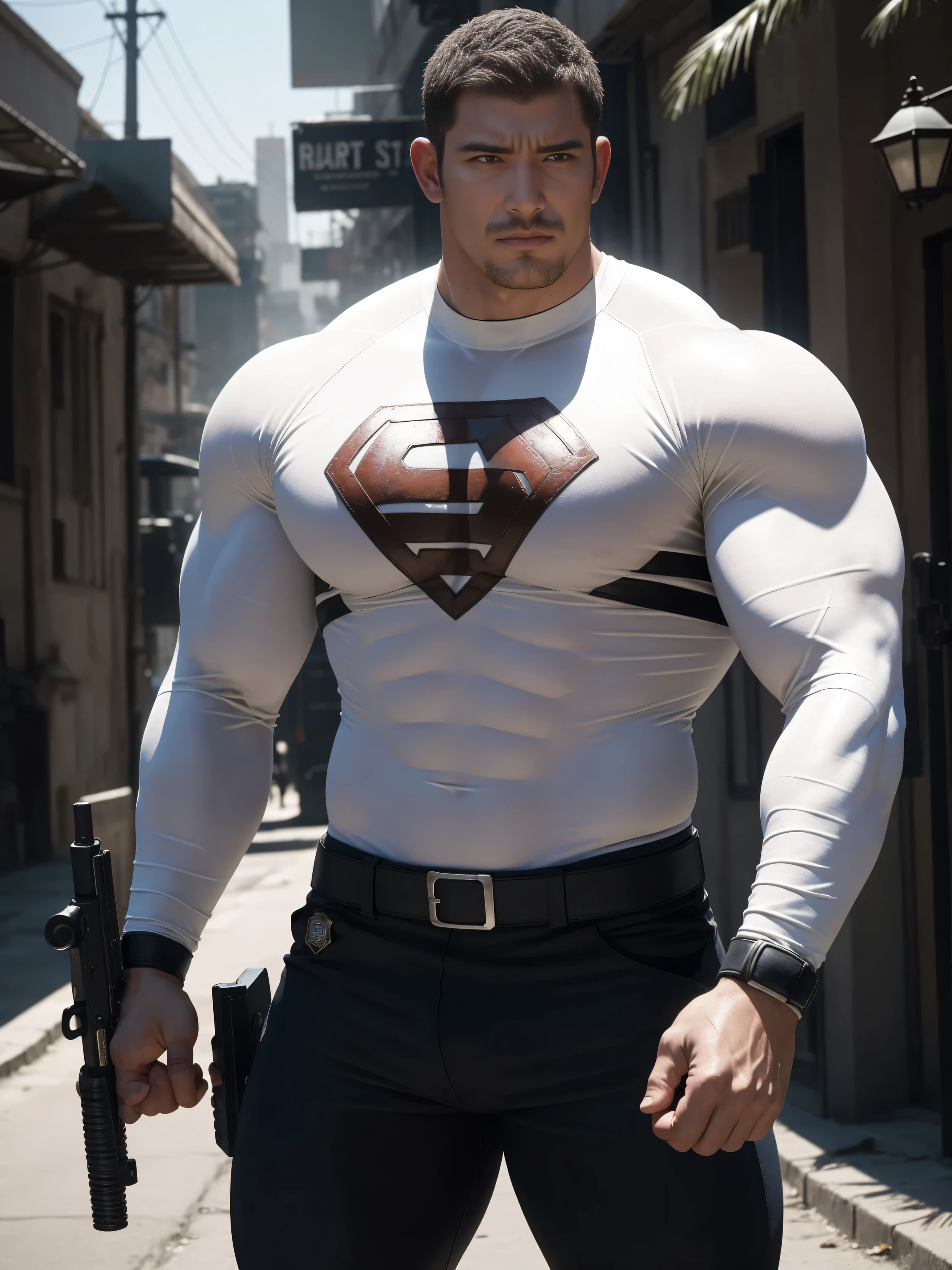 Angry super muscular man,  Buzz Cut，On the old-style outdoor street under the hot sun, Wear a long-sleeved cream superhero bodysuit, Mud wrapped body，Clothes are very dirty with mud stains，The expression is arrogant, Thick thighs, Messy hair, Thick thighs, High collar, long sleeve, cream white superhero bodysuit, very tight, Regular symmetrical pattern, Highlight muscles, Police uniform pants, character concept（Resident Evil - Chris Redfield, Chris Redfield）A proud expression, Deep and charming eyes, Heroic male pose, tall Burly, muscular！muscular thighs, tough guy, perfect facial features, High, Burly, Heqiang, Super polished and cool, High Resolution Committee, Charismatic, The sun is blazing, dazzling