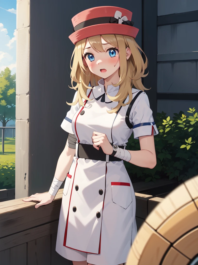 gonzarez, masterpiece, Serenaj, 1girl, solo , blue eyes, close mouth, blonde hair, outdoor, bandage on head, bandages on hands, cute, blush, lovely , hospital, hospital bed, injured
