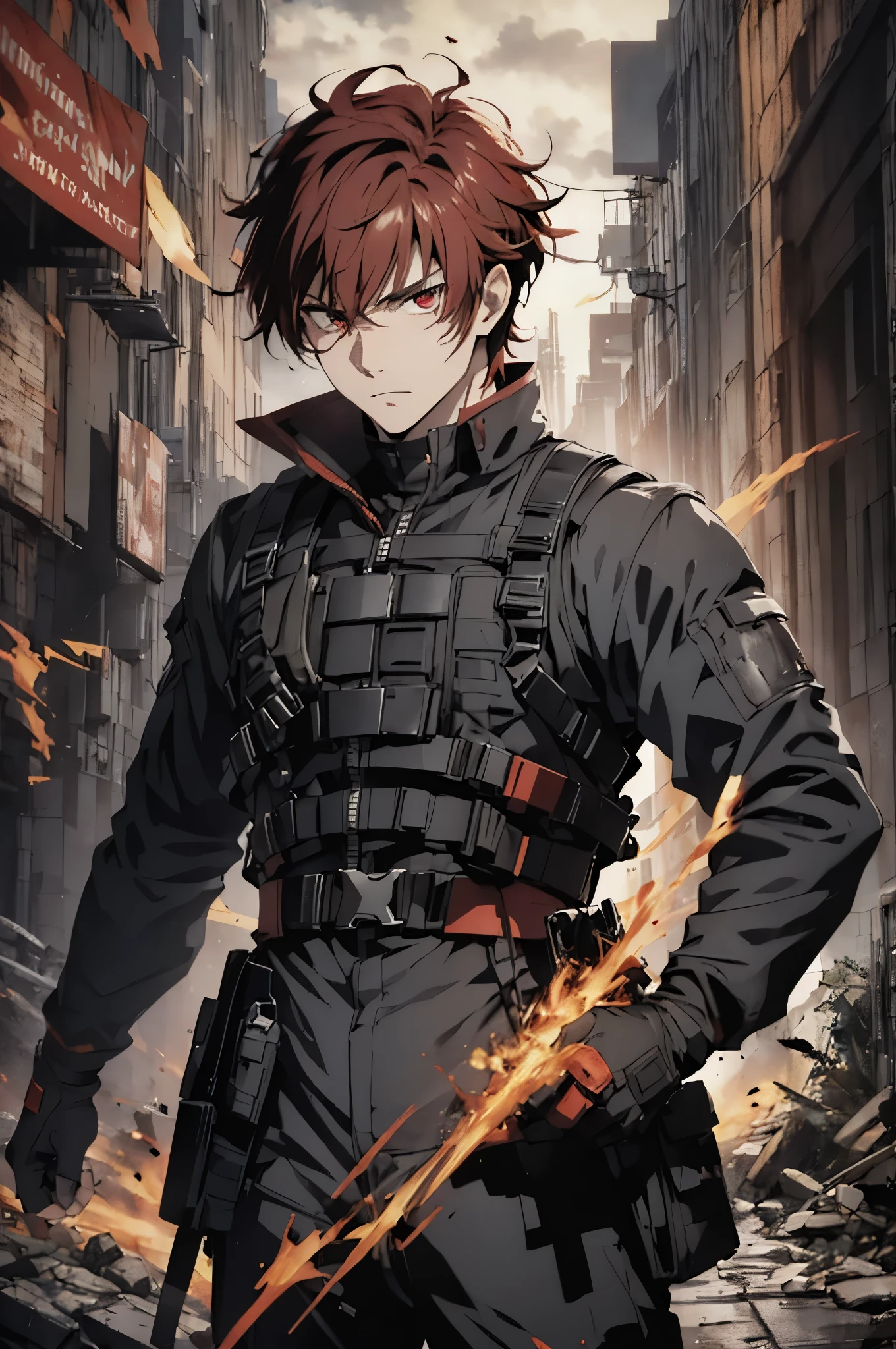 (absurdres, highres, ultra detailed), masterpiece, best quality, a man in a black outfit, red hair, battojutsu stance, solo, handsome, finely eye, detailed face, short hair, vibrant red eye, ruined city, dark background, from below, look down, cowboy shot, swirl, vortex, spark