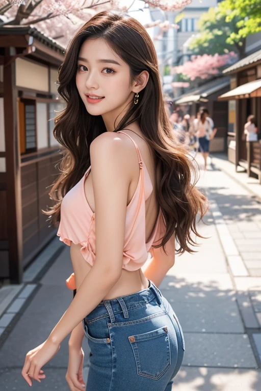 highest quality、4K、Perfect Face、Perfect Style、Sunburn、beautiful、stylish appeal、Mature、long curly layer brown hair、Swept-back hair、full body, pierce、in Japan、Bronze eyeshadow, bronzer, peach lip gloss, highlighter, mascara, light foundation、beautiful abs、beautiful legs、jeans、cherrybrossoms、sakura、smile