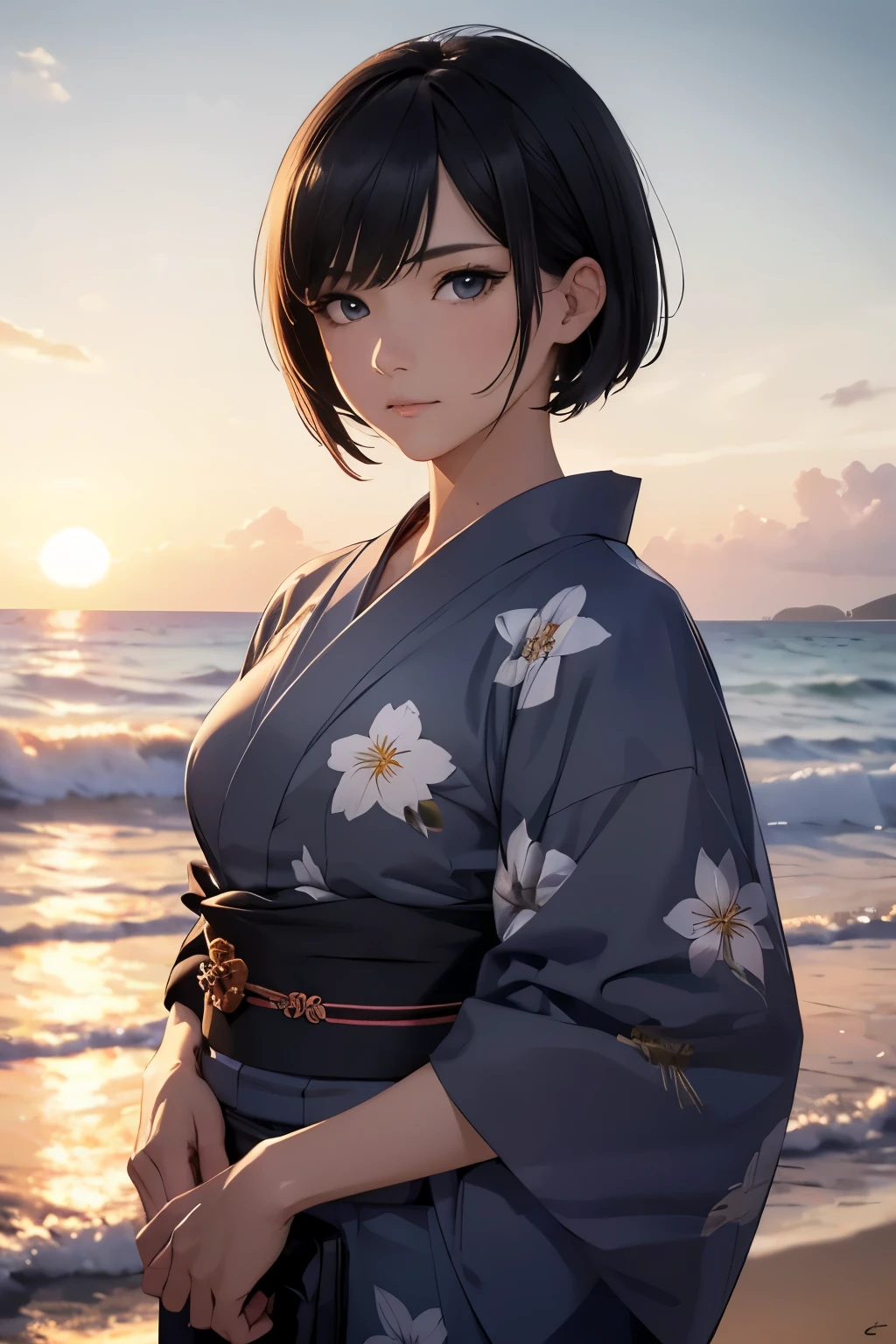 UHD, masterpiece, textured skin, super detail, high details, high quality, award winning, (perfect eyes), best quality, HD, upper body shot, perfect eyes, (1Gir, Beautiful, short black hair, athletic, wearing one yukata, (looking at POV)), (In a beach at sunset)