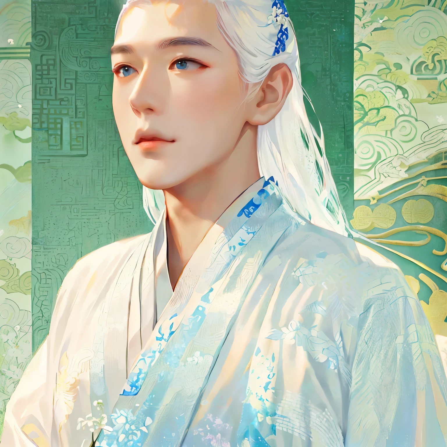 Wearing a white kimono、Asian man wearing TIA, Inspired by Zhang Han, inspired by Guan Daosheng, Young fair angel, heise jinyao, lu ji, pan ren wei, jin shan, Inspired by Yang Borun, feng shu, inspired by Dai Jin, Inspired by Gu An, Zhao Yun, Handsome Prince, strict