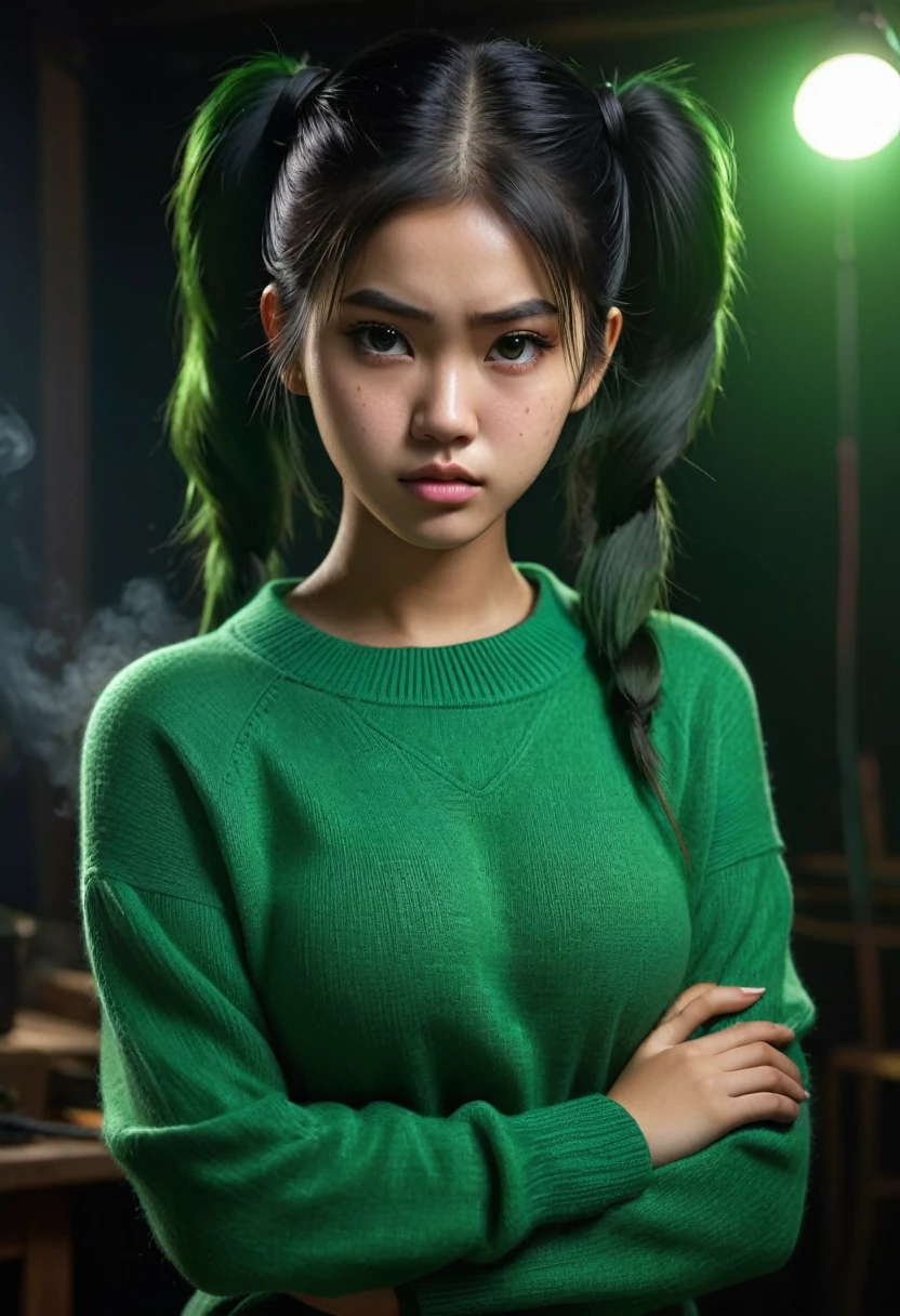 an Indonesian girl, 17 years old, with a beautiful face, beautiful breasts, huge breasts, wearing a green sweater, her face showing a sullen, angry facial expression, twintail hair, fine black hair, arms crossed, black background with glare, light smoke filling the room, The bright, hyperrealistic real Ultra HD, masterpiece,vibrant colors,stunning visuals,ultra skin texsture,stable diffusion,perfect anatomy,crazy details,realistic lighting,incredibly absurdres