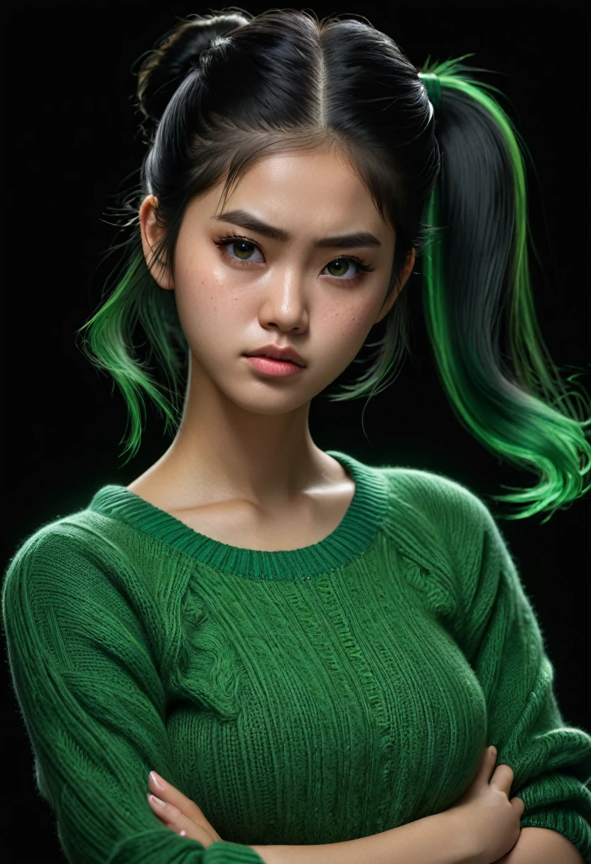 an Indonesian girl, 17 years old, with a beautiful face, beautiful breasts, huge breasts, wearing a green sweater, her face showing a sullen, angry facial expression, twintail hair, fine black hair, arms crossed, black background with glare, light smoke filling the room, The bright, hyperrealistic real Ultra HD, masterpiece,vibrant colors,stunning visuals,ultra skin texsture,stable diffusion,perfect anatomy,crazy details,realistic lighting,incredibly absurdres