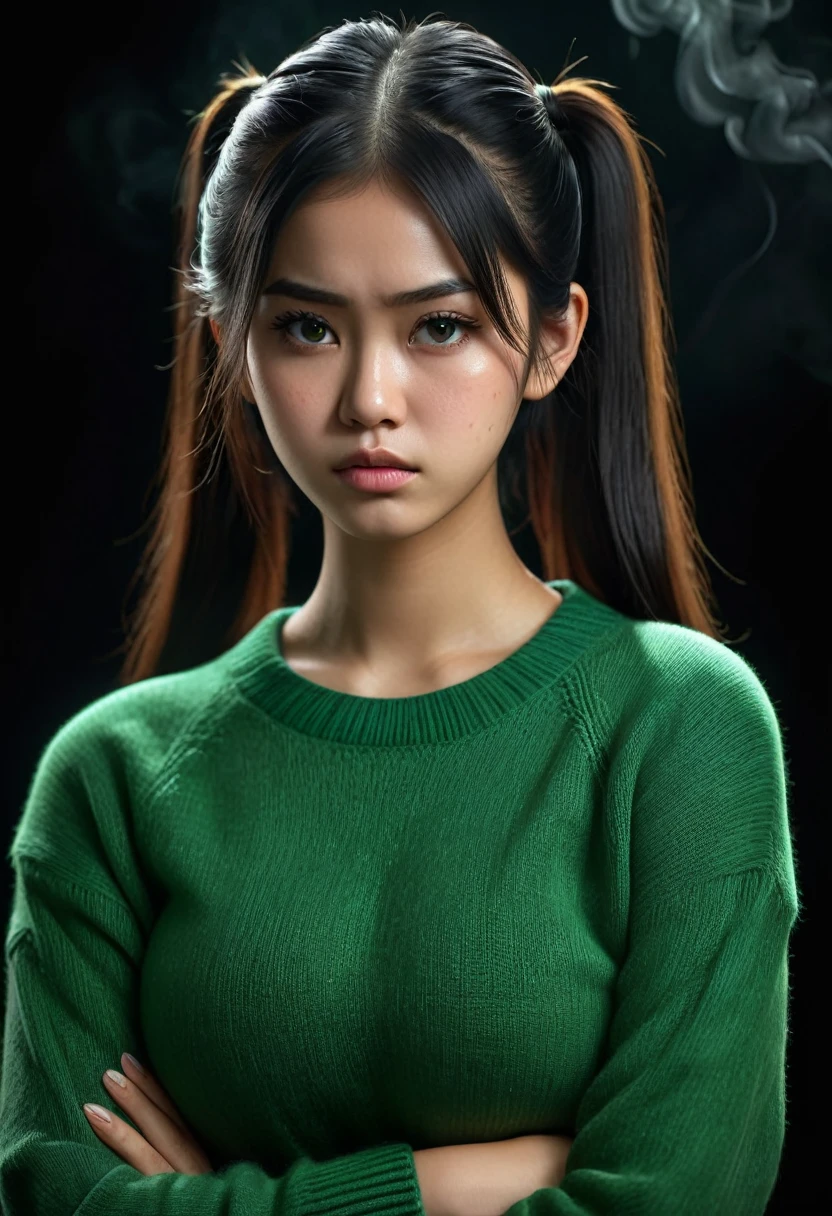 an Indonesian girl, 17 years old, with a beautiful face, beautiful breasts, huge breasts, wearing a green sweater, her face showing a sullen, angry facial expression, twintail hair, fine black hair, arms crossed, black background with glare, light smoke filling the room, The bright, hyperrealistic real Ultra HD, masterpiece,vibrant colors,stunning visuals,ultra skin texsture,stable diffusion,perfect anatomy,crazy details,realistic lighting,incredibly absurdres