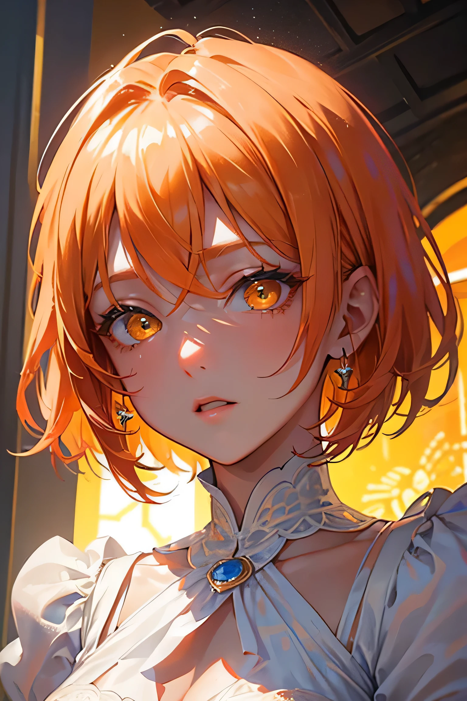 masterpiece, highest quality, so beautiful、up to date、Orange Hair, short hair, ((Glowing yellow eyes))、I want to liven things up、Adult woman in white dress、Face close-up、bullish expression、((Ado))