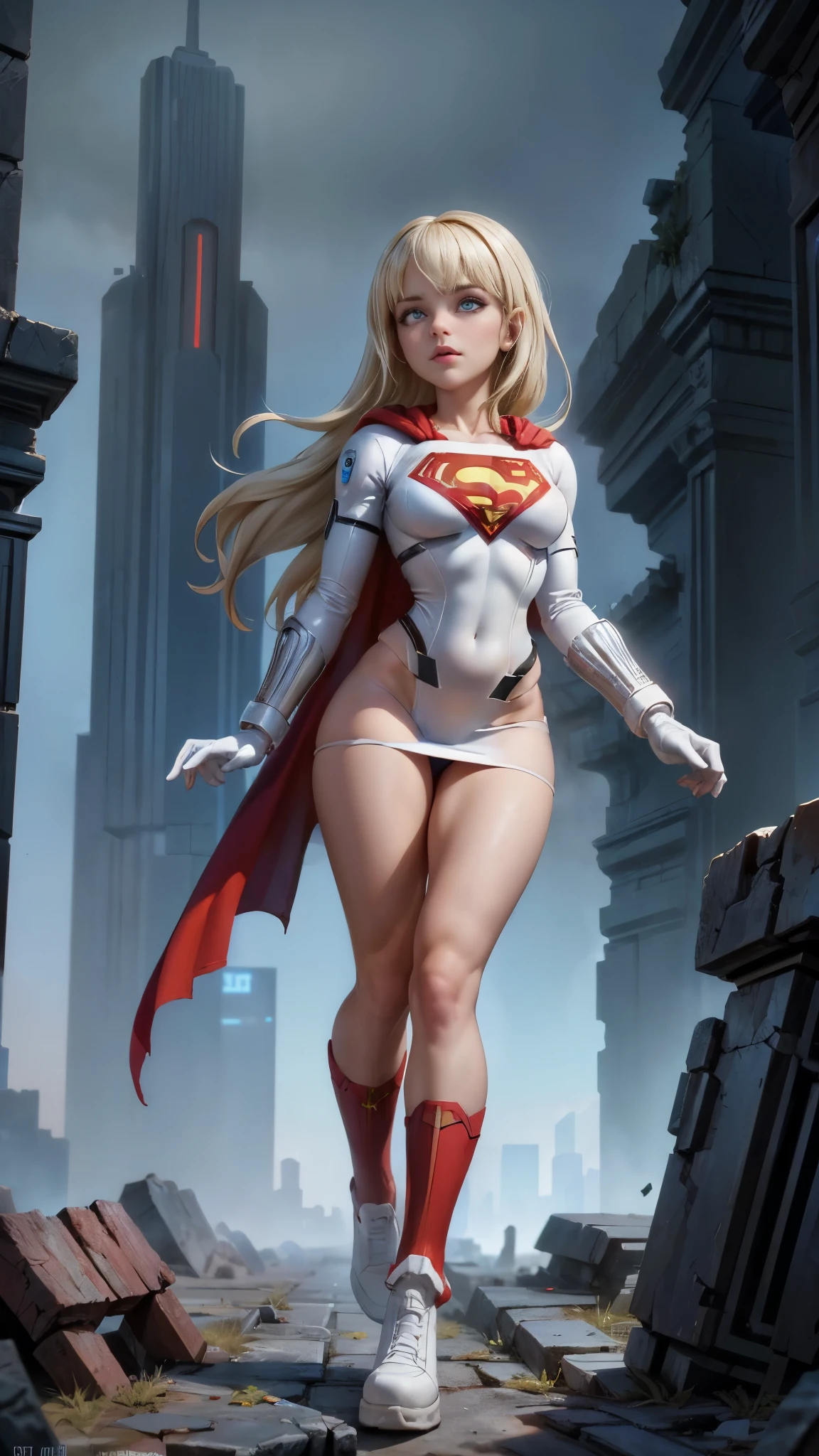 8K, Ultra HD, super details, high quality, high resolution. The heroine Supergirl looks beautiful in a full-length photo,(mini skirt white :1.4) , her body is sculptural, her long wavy blonde hair is radiant in a perfect combination with her white skin, her bright blonde eyes mesmerize everyone. She is wearing her heroine outfit, a red skirt with a yellow belt, a very tight blue t-shirt with a big red S on the chest, Elta also wears a red cape and red boots. she looks very sexy drawing attention to her big breasts and thick legs as she flies through the sky.,(Fondo de ruinas de mazmorra en ruinas cyberpunk :1.4 ), (supergils superman :1.4), (vestuario white traje :1.4), (Detalles de la cara: 1.5, ojos azules brillantes, hermoso rostro, ojos bonitos, Contorno del iris, labios delgados: 1.5, Thin, sharp pale eyebrows, Long, dark eyelashes, double tabs),(mostrando panties white:1.4), (BodySuit white plastic :1.4), ,(Fondo de ruinas de mazmorra en ruinas cyberpunk :1.4 )