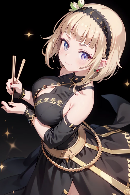 yor briar, anime style beutiful woman, 1girl, happy, sexy pause,(with sparkling eyes and a contagious smile:0.9),red face, closed mouth, beautiful detailed eyes, super detailed skin, backlighting, bare shoulders, black background, black dress, black gloves, black hair, breasts, dress, earrings, fingerless gloves, floating hair, floral print, flower, gloves, gold earrings, gold hairband, hair flower, hair ornament, hairband, holding, holding weapon, jewelry, large breasts, long hair, looking at viewer, off-shoulder dress, off shoulder,red eyes, short hair with long locks, sidelocks, solo, spikes, thighs, two-sided dress, two-sided fabric, weapon, fighting stance , face, close up, from above, highest quality, looking at viewer,high resolution,Holding chopsticks in your right hand