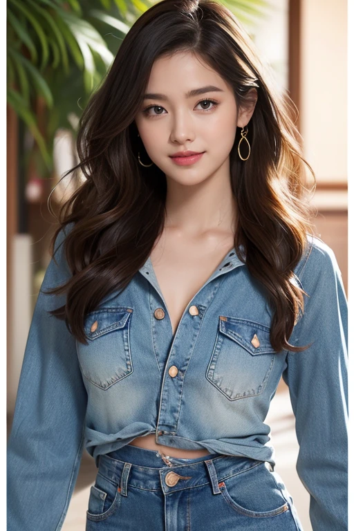 highest quality、4K、Perfect Face、Perfect Style、Sunburn、beautiful、stylish appeal、Mature、long curly layer brown hair、Swept-back hair、full body, pierce、in Japan、Bronze eyeshadow, bronzer, peach lip gloss, highlighter, mascara, light foundation、beautiful abs、beautiful legs、jeans、cherrybrossoms、sakura、smile