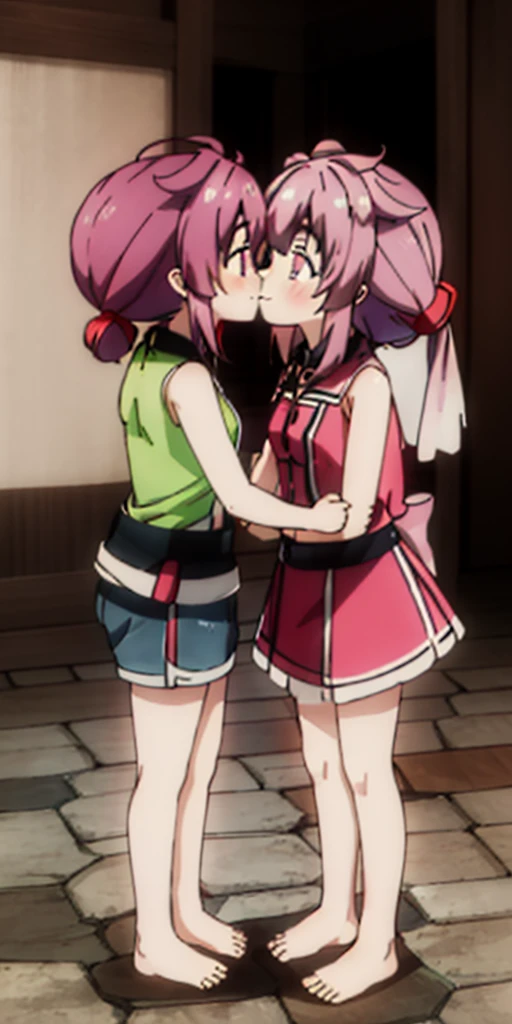 Body position: Standing, straight, symmetrical, barefoot, Lustful smile on face with red blush, 2 girls who gets married and stands in front of many people, kissing