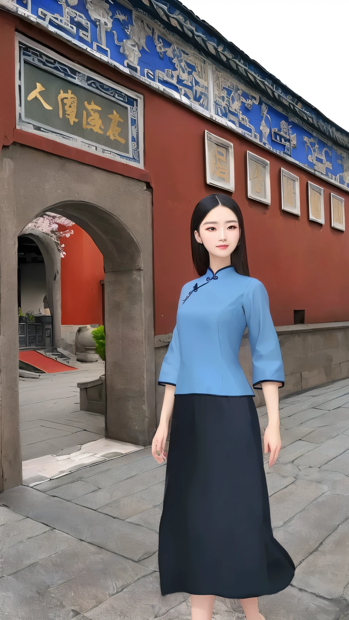 (best quality),(masterpiece),high details,extremely_detailed_CG_unity_8k_wallpaper,ALAFAD image of a woman in a blue and black dress, Wearing Chinese clothing, in a blue qipao, Wearing blue cheongsam, Dressed in vintage street clothes, Inspired by Chen Daofu, Inspired by meditation, Wearing Chinese clothes, Extreme light and shadow contrast，Chinese traditional clothing, Inspired by Mei Qing, Inspired by Lan Ying