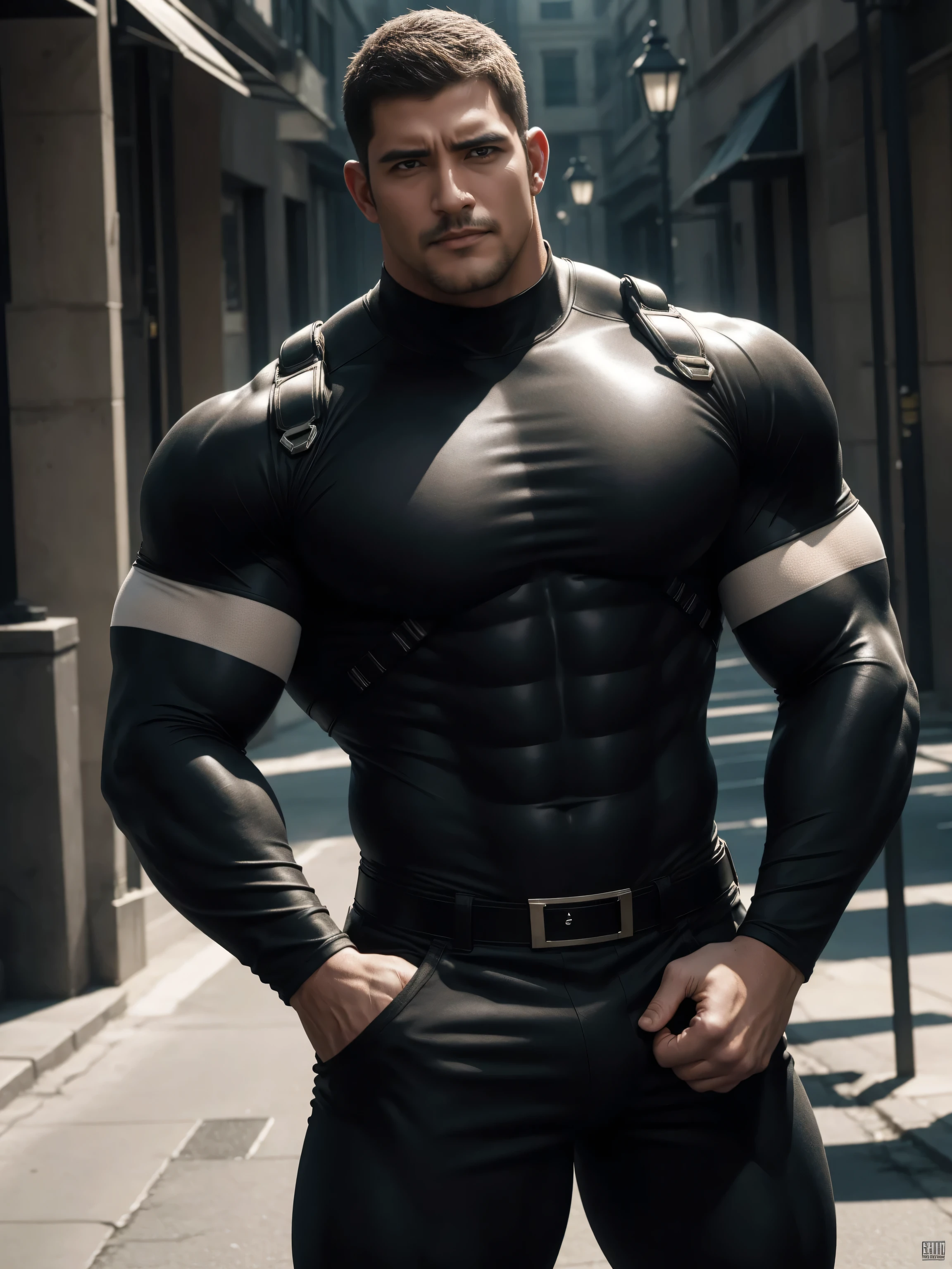 Angry super muscular man, Buzz Cut,On the old-style outdoor street under the hot sun, Wear a long-sleeved cream superhero bodysuit, Thickened warm elastic texture,The fleece texture of the clothes is very thick,The expression is arrogant, Thick thighs, Messy hair, Thick thighs, High collar, long sleeve, cream white superhero bodysuit, very tight, Regular symmetrical pattern, Highlight muscles, Police uniform pants, character concept(Resident Evil - Chris Redfield, Chris Redfield)A proud expression, Deep and charming eyes, Heroic male pose, tall Burly, muscular!muscular thighs, tough guy, perfect facial features, High, Burly, Heqiang, Super polished and cool, High Resolution Committee, Charismatic, The sun is blazing, dazzling