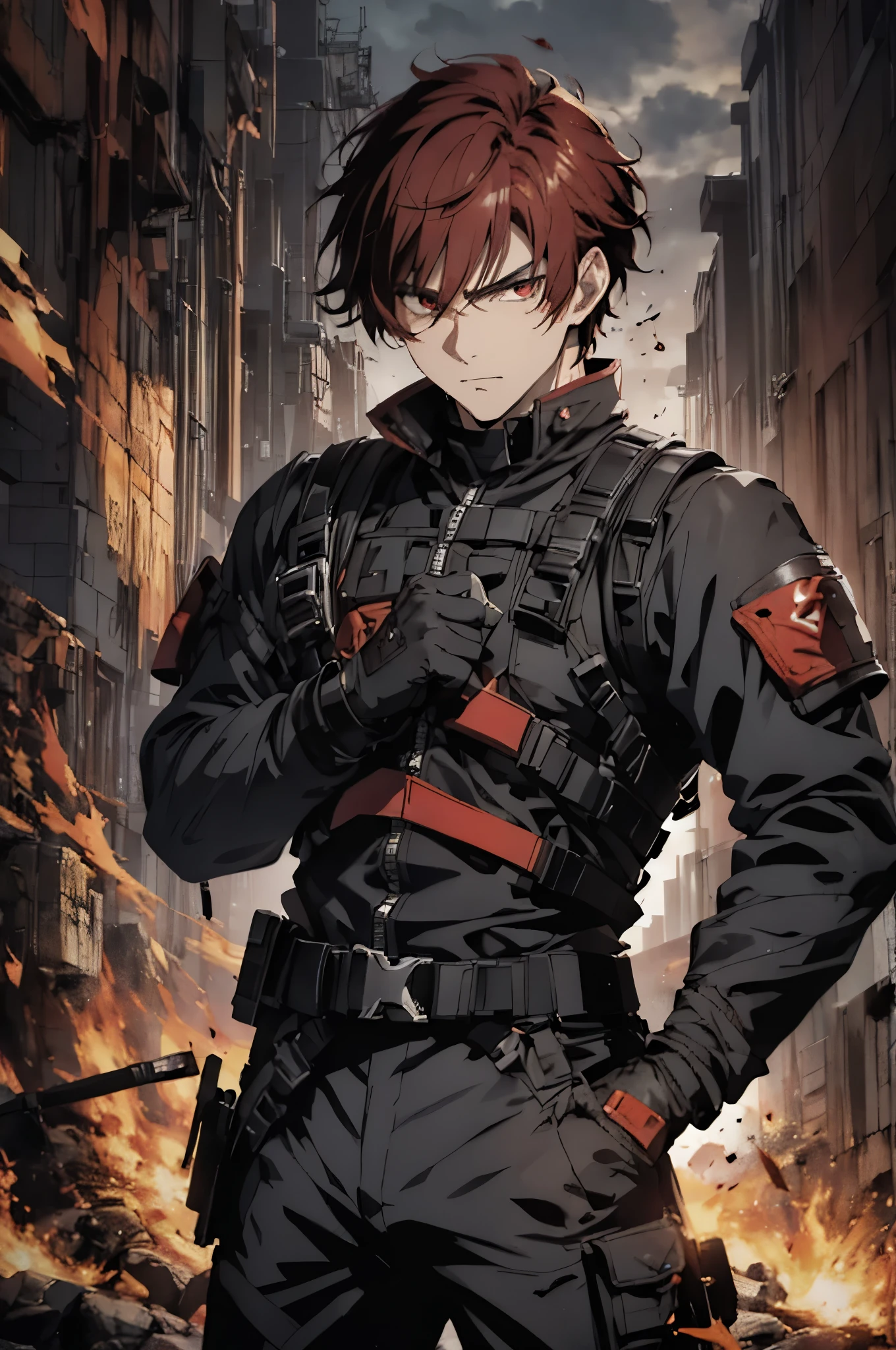 (absurdres, highres, ultra detailed), masterpiece, best quality, a man in a black outfit, red hair, battojutsu stance, solo, handsome, finely eye, detailed face, short hair, vibrant red eye, ruined city, dark background, from below, look down, cowboy shot, swirl, vortex, spark