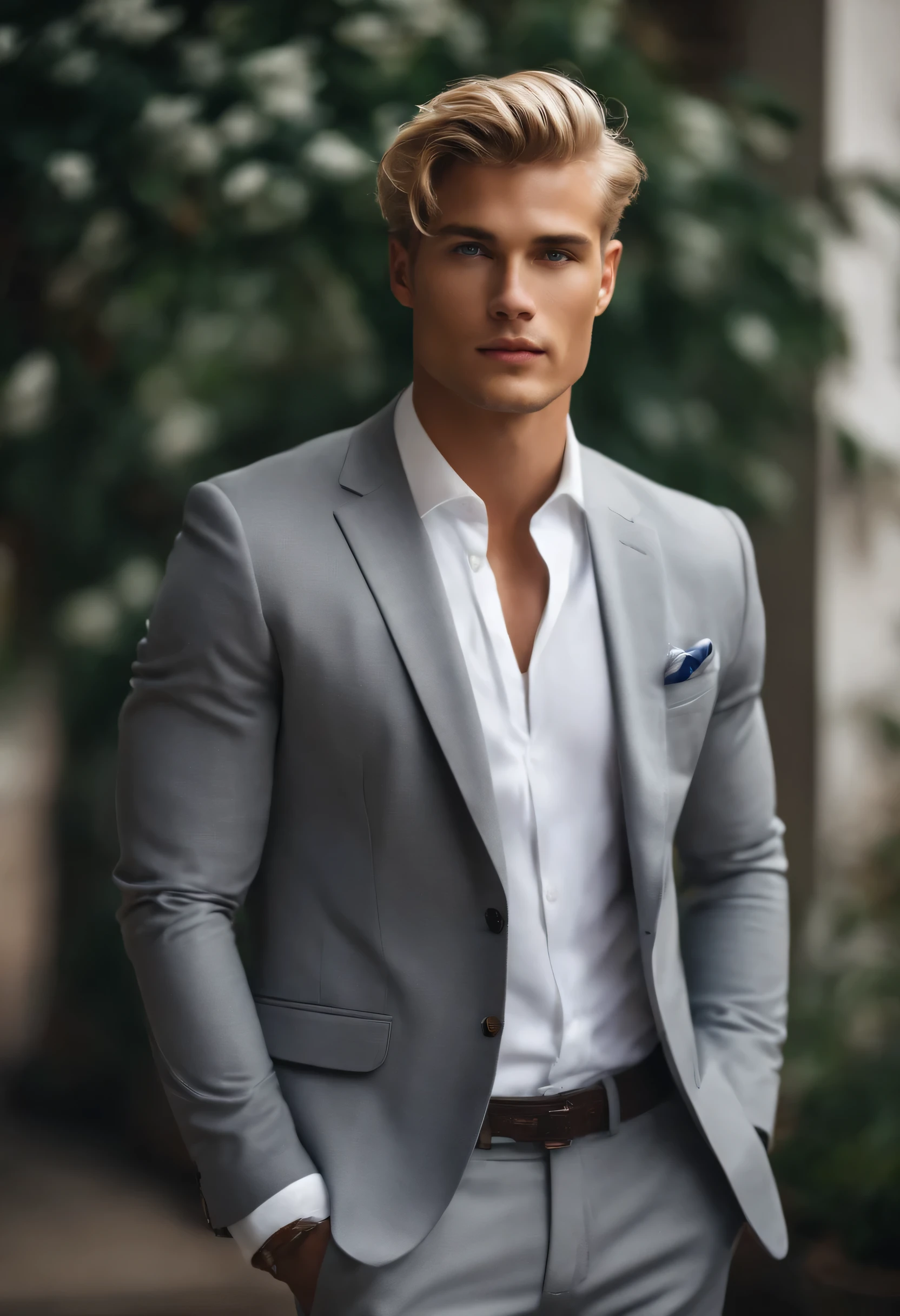 Man in gray suit with white shirt, long short blond hair, and blue eyes, attractive male, handsome male, handsome young man, handsome and attractive, blonde and attractive features, attractive man, attractive young man, standing like a model in office landscape, busy , cool _ hairstyle, blond man, slim man with light tanned skin, Young man with long length, black shoes, 8k
