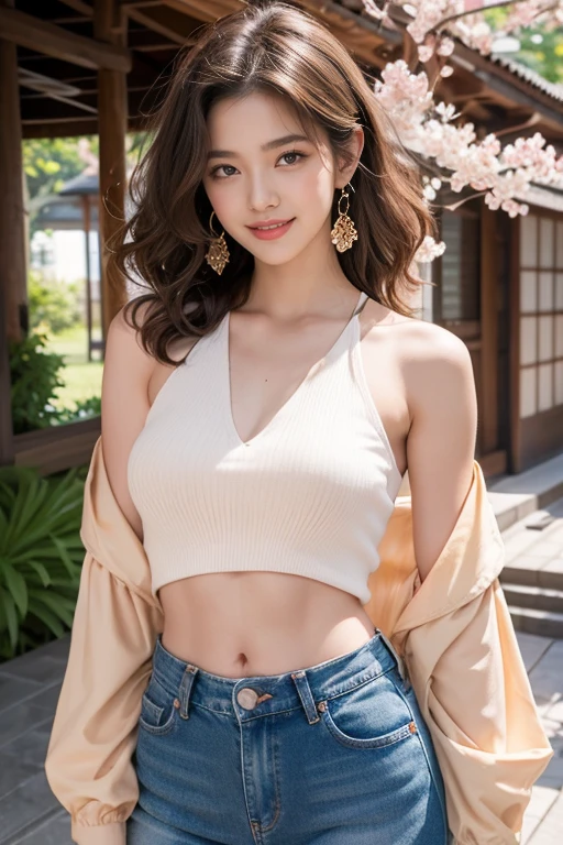highest quality、4K、Perfect Face、Perfect Style、Sunburn、beautiful、stylish appeal、Mature、long curly layer brown hair、Swept-back hair、full body, pierce、in Japan、Bronze eyeshadow, bronzer, peach lip gloss, highlighter, mascara, light foundation、beautiful abs、beautiful legs、jeans、cherrybrossoms、sakura、giddy-smile、with dog