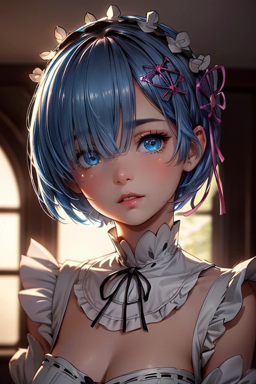 Masterpiece, best quality, best illustration, HDR, beautiful details, intricate details, detailed scenery, dramatic light, best shadow. Mansion, maid, (natural elements), break 1 girl, Rem, short blue hair, hair bow, blue eyes, parted pink lips, (beautiful and detailed face with perfect symmetry), elegant clothes, (body with perfect anatomy, perfect natural texture, glowing skin, high details), cinematic lighting, vivid colors, detailed illustration, depth of field.