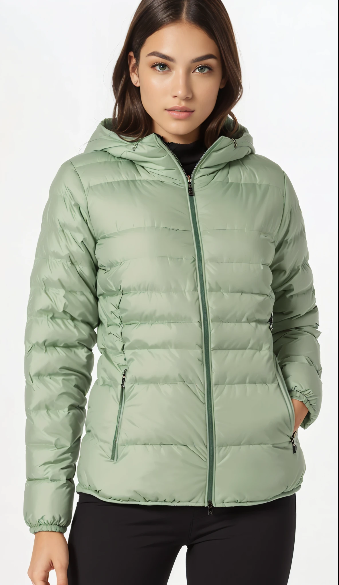 a woman wearing a green jaqueta and black pants, model wears a puffer jaqueta, puffer jaqueta, encapuzado, casaco reflexivo inchado, sage green, frio como gelo! 🧊, reflective puffer jaqueta, green colored bomber jaqueta, verde oliva, jaqueta, characteristics, com dois bolsos frontais, 3 pieces, casaco para uma rave, casaco tufo