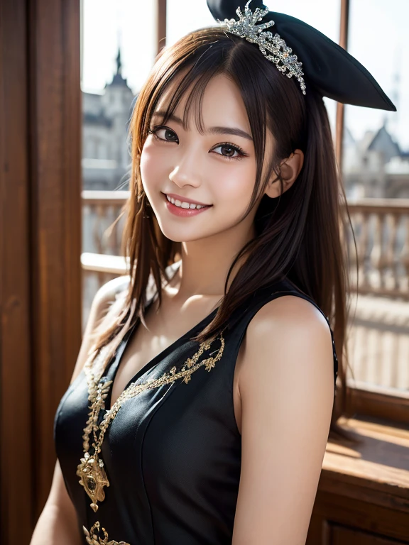 (Realistic, photo Realistic:1.37), Incredibly absurd, (Very detailed:1.3), 8k, (masterpiece), (highest quality:1.4), (Ultra-high resolution:1.2), (RAW Photos:1.2), (unity 8k wallpaper), 1 nogizaka girl, very cute, (bishojo:1.35), ( years:1.4), ((Alice and the Pirates Fashion)), Delicate and beautiful dresses, Blue rose hair accessory, Exquisitely drawn beautiful faces, eyes and skin, Detailed black shiny hair, Medium chest, Smiling for the camera, Cowboy Shot, European Castles, Very detailed背景, Professional Lighting