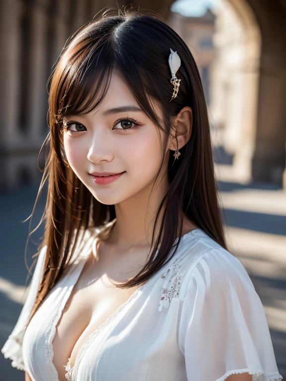 (Realistic, photo Realistic:1.37), Incredibly absurd, (Very detailed:1.3), 8k, (masterpiece), (highest quality:1.4), (Ultra-high resolution:1.2), (RAW Photos:1.2), (unity 8k wallpaper), 1 nogizaka girl, very cute, (bishojo:1.35), ( years:1.4), ((Alice and the Pirates Fashion)), Delicate and beautiful dresses, Blue rose hair accessory, Exquisitely drawn beautiful faces, eyes and skin, Detailed black shiny hair, Medium chest, Smiling for the camera, Cowboy Shot, European Castles, Very detailed背景, Professional Lighting