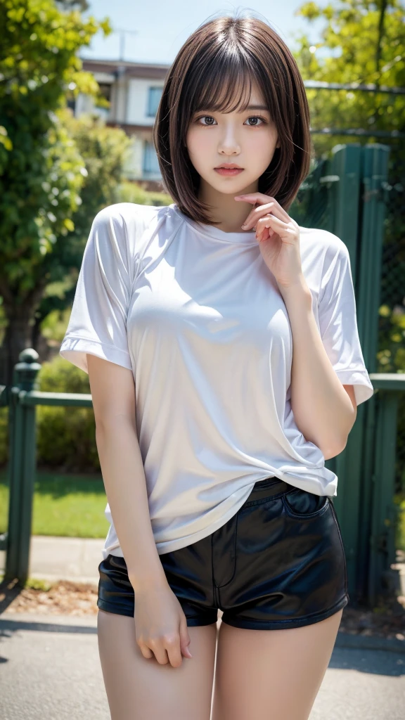 masterpiece, best quality, illustration, Super detailed, fine details, High resolution, 8K,wall paper, perfect dynamic composition,(Details High quality, realistic depiction of eyes:1.3), oversized sport shirt, shorts women, short bob hair, black hair color, Big Natural Color Lip, sexy pose, crying a little、cold gaze, Harajuku style、20 year old girl、cute type、ta, hposing Gravure Idol, full body photo、focus on crotch, medium breasts heavy chest