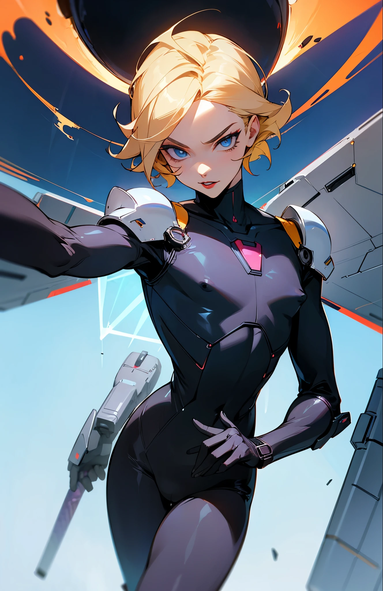 High tech, supervillain, villain, femboy, male, effeminate male, boy that looks like a girl, supergenius, genius, sci fi tech, skin tight bodysuit, bodysuit, black bodysuit, blonde hair, puffy nipples, red lipstick, blue eyes, flying, anti-gravity tech, flying with sci fi tech, penis bulge, penis, power armor.