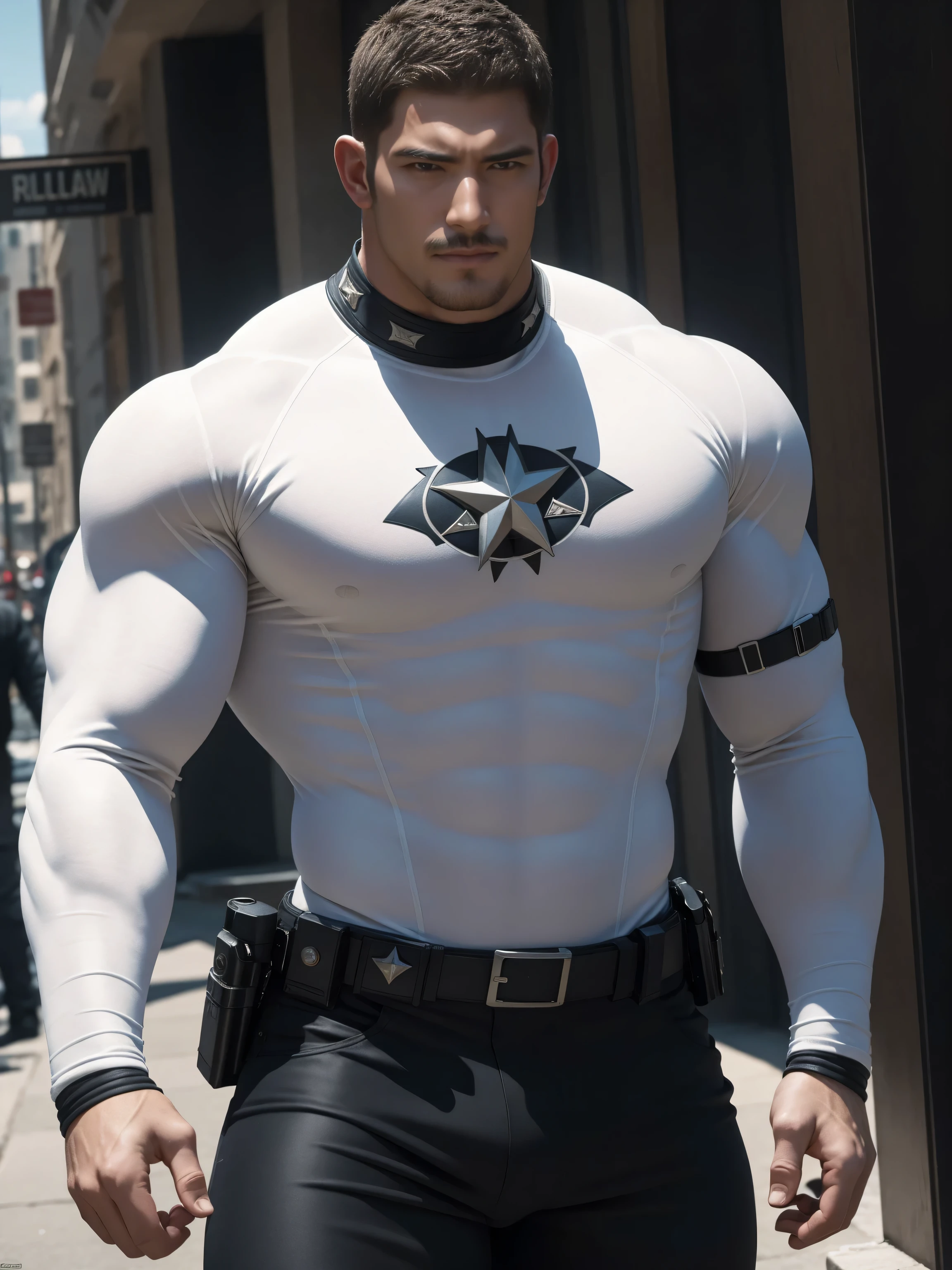 Angry super muscular man,  Buzz Cut，On the old-style outdoor street under the hot sun, Wear a long-sleeved cream superhero bodysuit, Thickened warm elastic texture，The fleece texture of the clothes is very thick，The expression is arrogant, Thick thighs, Messy hair, Thick thighs, High collar, long sleeve, cream white superhero bodysuit, very tight, Regular symmetrical pattern, Highlight muscles, Police uniform pants, character concept（Resident Evil - Chris Redfield, Chris Redfield）A proud expression, Deep and charming eyes, Heroic male pose, tall Burly, muscular！muscular thighs, tough guy, perfect facial features, High, Burly, Heqiang, Super polished and cool, High Resolution Committee, Charismatic, The sun is blazing, dazzling