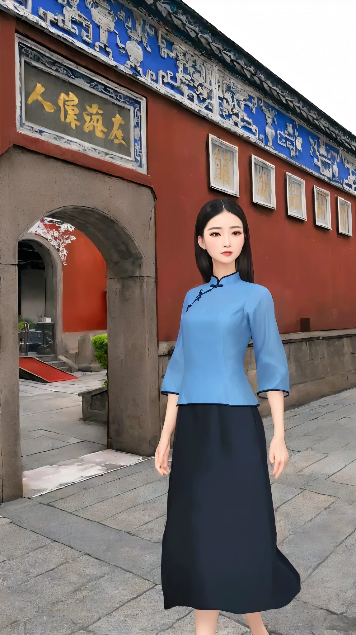 (best quality),(masterpiece),high details,extremely_detailed_CG_unity_8k_wallpaper,ALAFAD image of a woman in a blue and black dress, Wearing Chinese clothing, in a blue qipao, Wearing blue cheongsam, Dressed in vintage street clothes,  Wearing Chinese clothes, Extreme light and shadow contrast，Chinese traditional clothing,