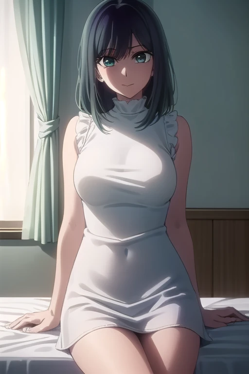 akanekurokawa, Akane Kurokawa, with bangs, (green eyes: 1.3), black hair, medium hair, large breasts, smiling. White sleeveless dress, dress made of soft silky material. Indoors, bedroom, sitting on bed, bright sunlight through window. (Green Eyes:1.3), Who'll See It Break, (Cowboy Shot:1.5),. Break (Masterpiece:1.2), Top Quality, High Resolution, Unity 8k Wallpaper, (Figure:0.8), (Beautiful Fine Eyes:1.6), Very Detailed Face, Perfect Lighting, Very Detailed CG, (Perfect Hands, Perfect Anatomy),.